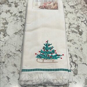 Set of two (2) White Turkish Cotton Kitchen Towels with embroidered tree